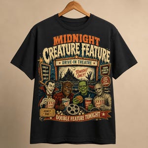 Pode incluir: Uma t-shirt preta com uma estampa gráfica intitulada Midnight Creature Feature Drive-In Theatre. O design mostra um vampiro, lobisomem, monstro de Frankenstein e múmia comendo lanches em frente a uma tela com o texto Tonight Only.