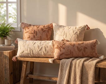 Pikowana poszewka na poduszkę z motywem boho | Poduszka z terakotowym wzorem liści | Długi odcinek lędźwiowy 30x90
