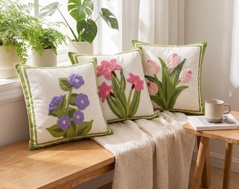 Floral Embroidered Tufted Cushion Cover | Botanical Square Throw Pillow