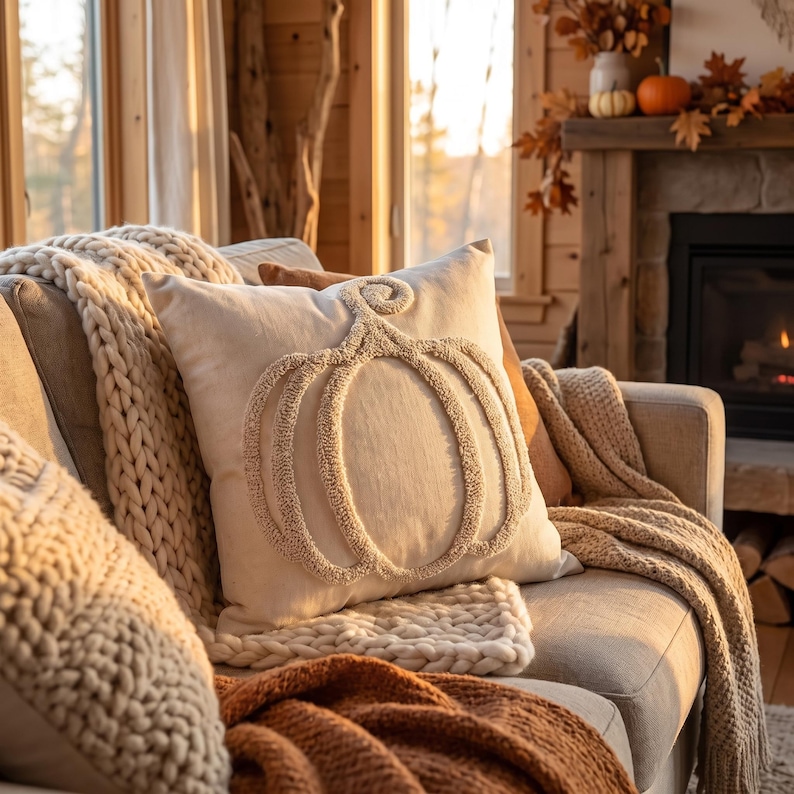 May include: A square off-white throw pillow featuring a textured, raised pumpkin design in a matching cream color. The pillow is crafted with a tufted, looped yarn technique that creates a distinct outline of a pumpkin on the front surface.