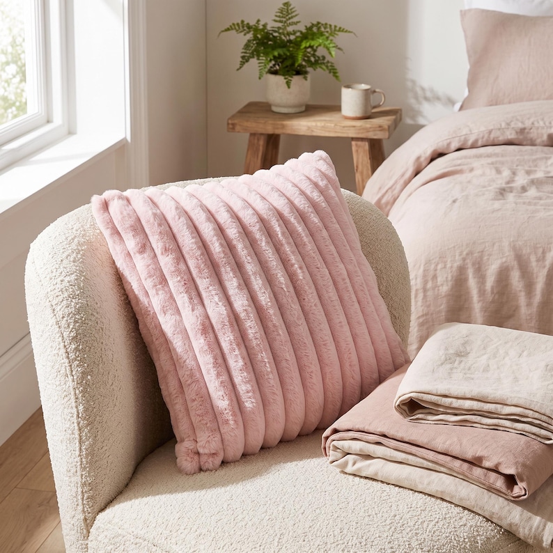 Puede incluir: Un coj&iacute;n cuadrado con una textura de piel sint&eacute;tica de color rosa claro que presenta canales acanalados verticales. El coj&iacute;n est&aacute; colocado sobre un sill&oacute;n texturizado de color crema, con ropa de cama plegada en rosa claro y beige cerca.