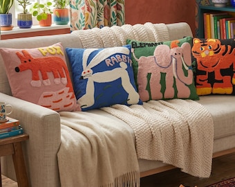 Funda de cojín con estampado nórdico de animales de dibujos animados / Funda de almohada decorativa de lona con textura para habitación infantil, 45 x 45 cm