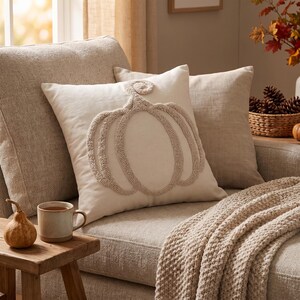 May include: A square off-white throw pillow featuring a raised, textured punch needle pumpkin design in a matching beige tone. The pillow is centered on a neutral-colored sofa, accompanied by a plain beige pillow and a chunky knit throw blanket.