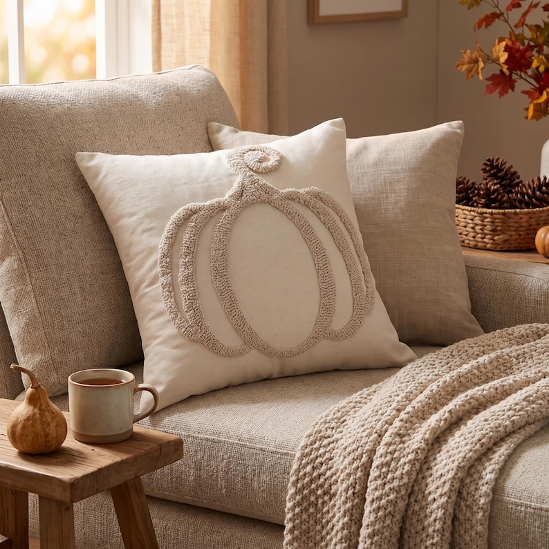 May include: A square off-white throw pillow featuring a raised, textured punch needle pumpkin design in a matching beige tone. The pillow is centered on a neutral-colored sofa, accompanied by a plain beige pillow and a chunky knit throw blanket.