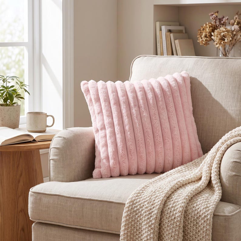 Puede incluir: Un coj&iacute;n cuadrado de color rosa pastel suave, con una superficie texturizada de canales verticales en relieve. El coj&iacute;n tiene un aspecto afelpado similar a la piel sint&eacute;tica y est&aacute; colocado sobre un sill&oacute;n tapizado de tono neutro.