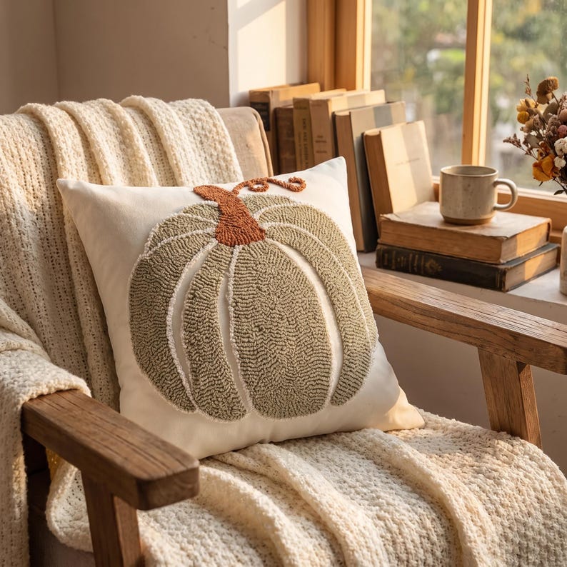 May include: A square throw pillow with an off-white fabric base featuring a central punch needle design of a pumpkin. The pumpkin is rendered in muted sage green with a textured, raised surface and a rust-colored stem at the top center.