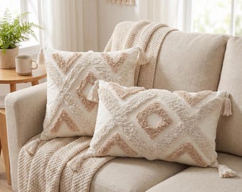 Geometryczna pikowana poszewka na poduszkę w kolorze beżowym, w romby, w stylu boho, poszewka na poduszkę z frędzlami, kwadratowa poszewka na poduszkę lędźwiową, dekoracyjna, ręcznie robiona poduszka