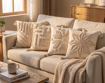Pikowana poszewka na poduszkę w stylu boho | Neutralna poduszka geometryczna | Ozdoba z frędzlami 45x45