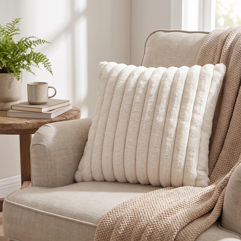 Puede incluir: Un coj&iacute;n cuadrado de color blanco roto con una textura acanalada vertical. El coj&iacute;n tiene un aspecto suave y afelpado similar a la piel sint&eacute;tica y est&aacute; colocado sobre una silla tapizada de color claro con una manta de punto beige texturizada.