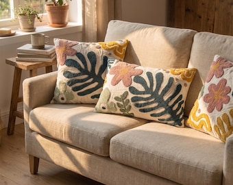 Geknoopte sierkussenhoes met botanische details | Abstracte bloemenprint sierkussen | Tropische boho-decoratie