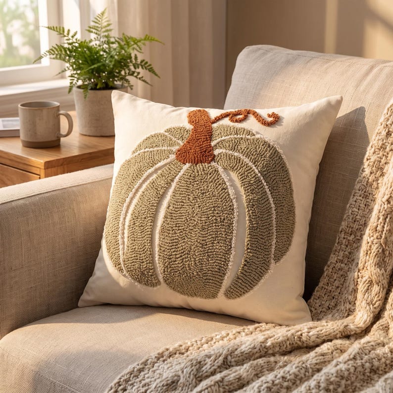 May include: A square throw pillow with a cream-colored fabric base featuring a central punch needle design of a pumpkin. The pumpkin is rendered in muted sage green with a textured, raised surface and a prominent rust-orange stem and vine detail.