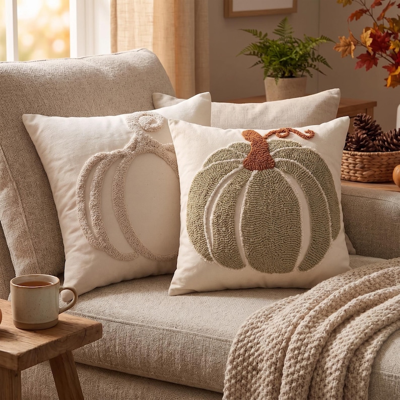 May include: Two square throw pillows with off-white fabric covers. One pillow features a raised, textured beige pumpkin outline, while the other displays a filled-in, sage green pumpkin design with a rust-colored stem, both created with punch needle.