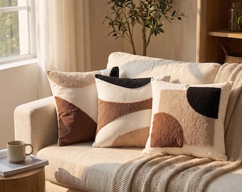 Pikowana, abstrakcyjna poszewka na poduszkę | Poduszka w stylu boho z połowy XX wieku | Dekoracja geometryczna 45x45