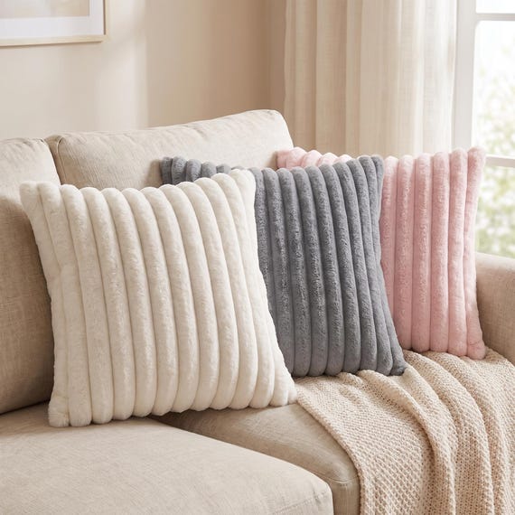 Faux Rabbit Fur Cushion Cover | Striped Ultra Soft Throw Pillow | Square 45x45 cm