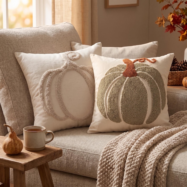 May include: Two square throw pillows with off-white fabric covers. One pillow features a raised, textured pumpkin outline in a matching off-white tone. The other pillow displays a filled, textured pumpkin design in sage green with a rust-colored stem.