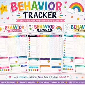 May include: Three printable behavior tracker charts featuring colorful headers with the text BEHAVIOR TRACKER, rainbow graphics, and star icons. Each chart includes columns for days of the week, rows for behaviors, and sections for rewards, points, and notes.
