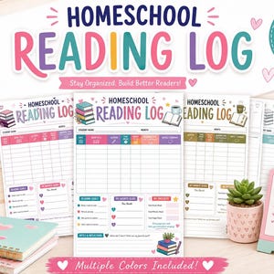 May include: A printable homeschool reading log featuring multiple colorful page designs with sections for tracking books, pages, reading goals, and reflections. The sheets include headers reading HOMESCHOOL READING LOG and various icons like books, hearts, and stars.
