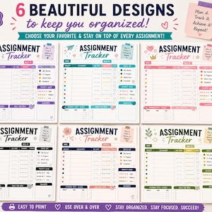 May include: Six printable assignment tracker sheets featuring organized columns for subject, assignment, due date, priority, and status. Each page includes sections for upcoming tests, tasks for the week, and notes, with varied color schemes and icons.
