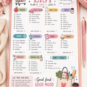 Puede incluir: Una lista de la compra impresa en un portapapeles con secciones para productos frescos, carne, lácteos, despensa, congelados, bebidas, snacks, panadería, hogar y cuidado personal. Incluye un plan de comidas y el texto Grocery LIST.