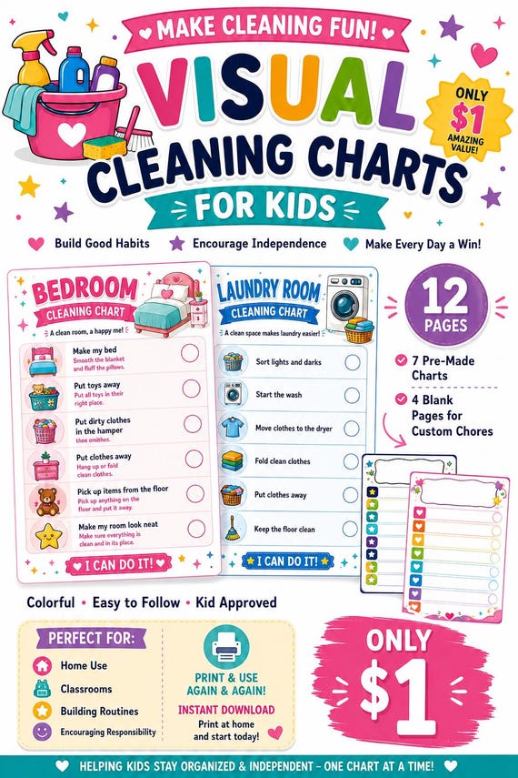 Visual Cleaning Charts for Kids | Chore Checklist Bundle (8.5x11 PDF Download)