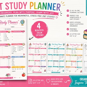 May include: A Unit Study Planner printable set featuring 12 planning sections, 4 color options, and US letter size 8.5" x 11". The layout includes fields for unit title, goals, reading, vocabulary, activities, and student reflection with colorful icons.