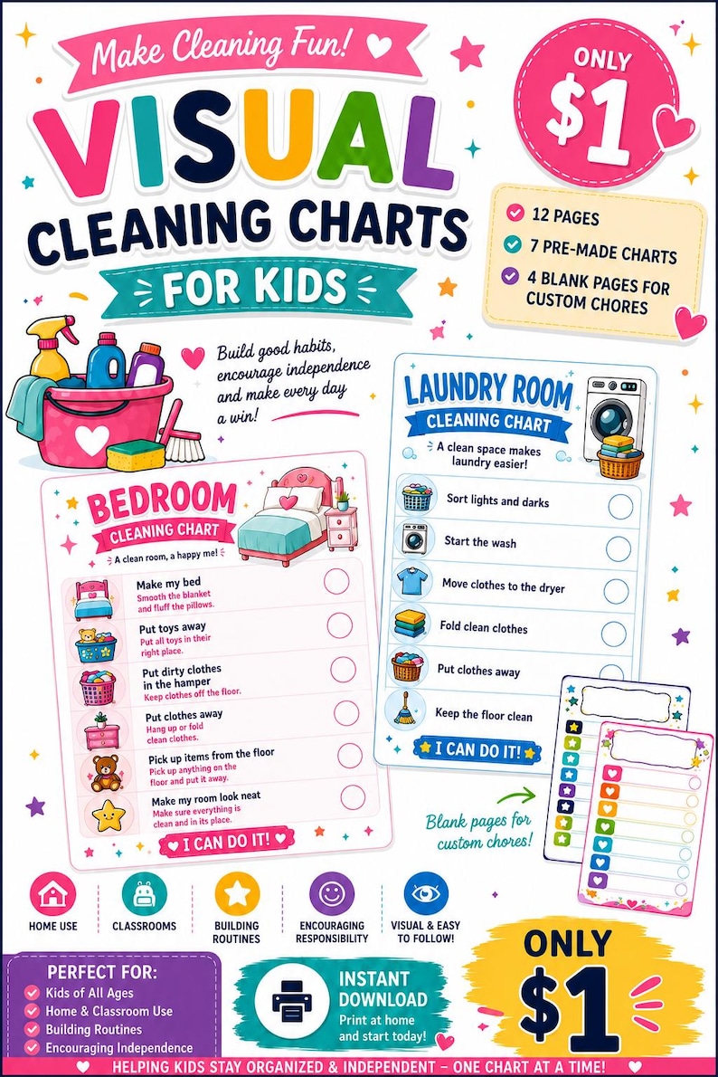 Visuelle Reinigungsdiagramme für Kinder | Checklisten-Paket für Hausarbeiten (PDF-Download im Format 8,5 x 11 Zoll) Bild 2