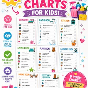 May include: A set of nine printable visual cleaning charts for kids, featuring colorful icons and checklists for rooms including the bedroom, bathroom, kitchen, living room, playroom, laundry room, dining room, and entryway, measuring 8.5x11 inches.