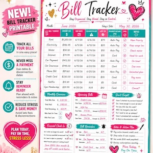 May include: A printable bill tracker document featuring a pink and teal color scheme with heart illustrations. The grid includes columns for bill service, amount due, due date, and notes. It contains sections for monthly overview, upcoming bills, financial check-in, and bill reminders with text.