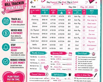 Könnte beinhalten: Ein druckbares Rechnungs-Tracker-Dokument mit einem rosa und türkisfarbenen Farbschema und Herzillustrationen. Das Raster enthält Spalten für Rechnungsart, Betrag, Fälligkeitsdatum und Notizen. Es enthält Abschnitte für monatliche Übersicht, anstehende Rechnungen, Finanzcheck und Erinnerungen.