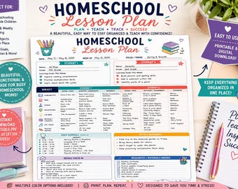 Könnte beinhalten: Eine weiße Vorlage für einen Homeschool-Lehrplan mit farbigen Überschriften und Abschnitten für zwei Schüler. Das Dokument enthält Felder für Daten, Fächer, Tagespläne und wöchentliche Check-ins sowie verschiedene Symbole und Text.