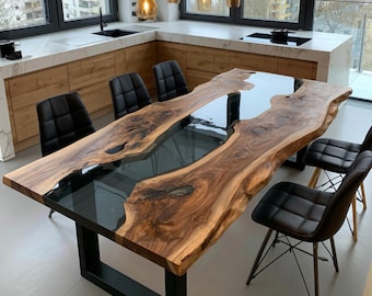 Live Edge Walnut Dining Table | Handmade Epoxy Resin River Table | Custom Modern Rustic Furniture | Bespoke Wood Table
