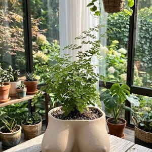 Può includere: Un vaso in ceramica color beige chiaro a forma di seno, contenente una piccola felce verde con foglie delicate e piumate. Il vaso ha una finitura liscia e opaca e un'ampia apertura circolare nella parte superiore per il terriccio e la pianta.