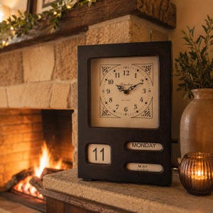 May include: A rectangular black desk clock with a cream-colored face featuring black numerals, the word Timeless, and the text est. 1927. Below the clock face are manual flip-style calendar displays showing the number 11, the day Monday, and May.