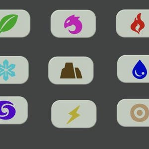 May include: A set of nine rectangular light gray buttons arranged in a three-by-three grid. Each button features a distinct colored icon: a green leaf, a purple dragon head, a red flame, a light blue snowflake, a brown mountain, a blue water drop, a purple swirl, a yellow lightning bolt, and a tan circle.