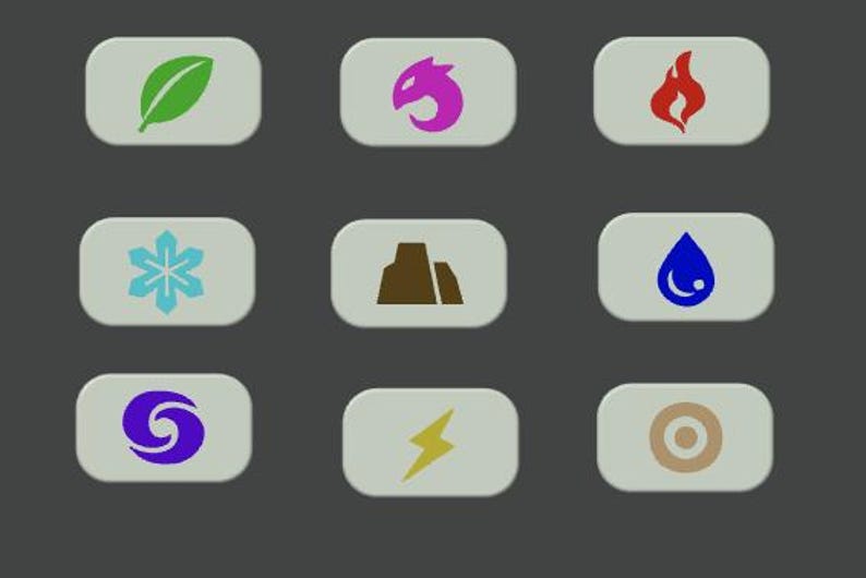 May include: A set of nine rectangular light gray buttons arranged in a three-by-three grid. Each button features a distinct colored icon: a green leaf, a purple dragon head, a red flame, a light blue snowflake, a brown mountain, a blue water drop, a purple swirl, a yellow lightning bolt, and a tan circle.
