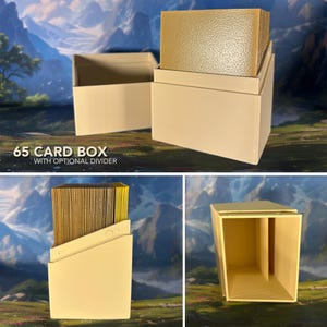 May include: A beige plastic card box with a removable lid and an optional internal divider. The box is designed to hold 65 cards, as indicated by the text 65 CARD BOX WITH OPTIONAL DIVIDER. The container features a smooth finish and a rectangular shape.