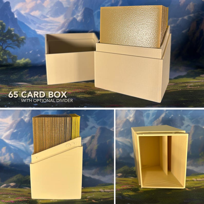 May include: A beige plastic card box with a removable lid and an optional internal divider. The box is designed to hold 65 cards, as indicated by the text 65 CARD BOX WITH OPTIONAL DIVIDER. The container features a smooth finish and a rectangular shape.