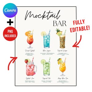 May include: A digital sign titled Mocktail BAR featuring six illustrated drinks with names and ingredients: Sunset Splash, Blue Lagoon, Tropical Escape, Splash Zone, Tropical Tide, and Deep Blue Sea. The graphic includes red arrows and text.
