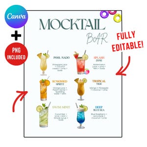 May include: A digital menu sign titled MOCKTAIL BAR featuring six drink recipes: Pool-Nado, Splash Zone, Sunkissed Spritz, Tropical Tide, Swim-Minit, and Deep Blue Sea. Each entry includes a colorful illustration of the drink and its ingredients.