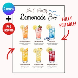 May include: A digital sign titled Pool Party Lemonade Bar featuring six illustrated lemonade drinks with names and ingredients: Sunshine Splash, Berry Breeze, Blue Skies, Peach Paradise, Tropical Twist, and Raspberry Rush, with text indicating Canva and PNG included.