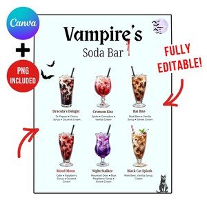 May include: A digital menu titled Vampire's Soda Bar featuring six illustrated soda drinks with names and ingredients listed below each glass. The design includes bat silhouettes, a full moon, and a black cat graphic on a light blue background.