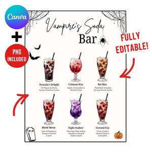 May include: A printable sign titled Vampire's Soda Bar featuring six illustrated drinks with names and ingredients like Dracula's Delight, Crimson Kiss, Bat Bite, Blood Moon, Night Stalker, and Eternal Fizz. The design includes spiderwebs, a spider, bats, a tombstone, and a pumpkin.