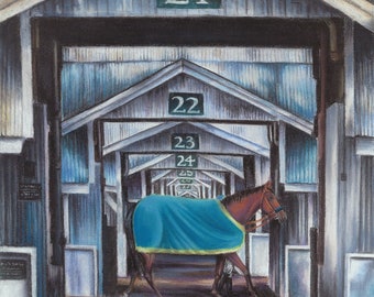 May include: A brown horse wearing a turquoise blanket walks through a series of numbered stalls. The stalls are made of wood and have a gray, weathered look. The horse is wearing a halter and lead rope. The numbers on the stalls are 21, 22, 23, 24, and 25.