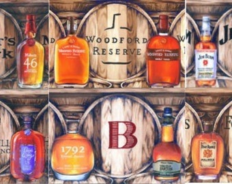 5" by 7" Bourbon Oil Painting Prints, Set of Four; barware drinkware, wall art decor, stock the bar, wedding hostess gift for him, man cave