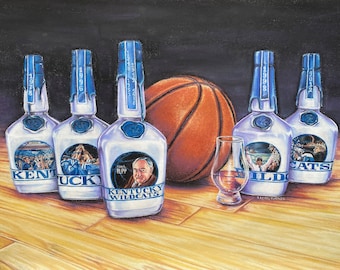 May include: A painting of six bottles of Kentucky bourbon whiskey with blue and white labels. Each bottle has a different year on it, representing the years the University of Kentucky Wildcats won the NCAA Men's Division I Basketball Tournament. The bottles are arranged in a row on a wooden floor, with a basketball and a glass of whiskey in the center. The painting is signed by the artist, Karen Turner.