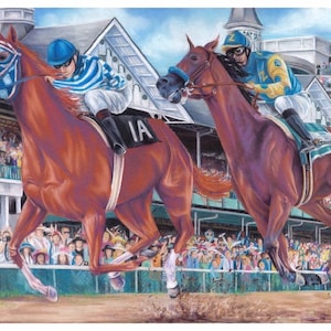 Racing of the Greats: Secretariat & American Pharoah at the Kentucky Derby; wall art, decor, horse, thoroughbred, racetrack, wedding