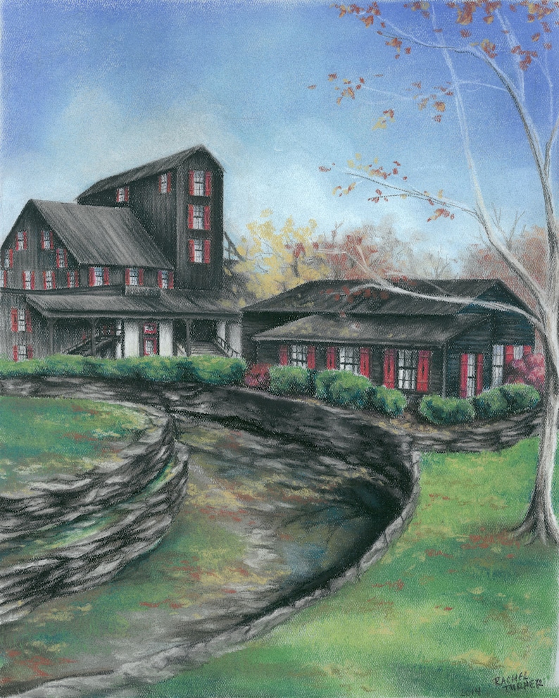 May include: A black and white drawing of a historic mill building with red window shutters. The building is surrounded by trees and a stone wall. The drawing is signed and dated.