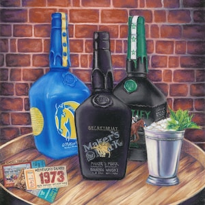 May include: Three bottles of bourbon whiskey, one blue, one green, and one black, with a mint julep in a silver cup. The bottles are on a wooden barrel with a Kentucky Derby ticket from 1973.