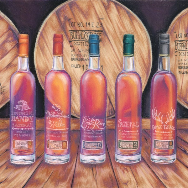 Buffalo Trace Antique Collection chalk pastel Print: bourbon barrel art, weller, Pappy, barware, gift for him, kentucky Distillery