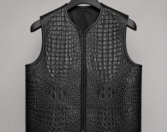 Handmade Men's Crocodile Embossed Leather Vest | Genuine Leather Biker Motorcycle Waistcoat | Western Cowboy Black Zip Gilet